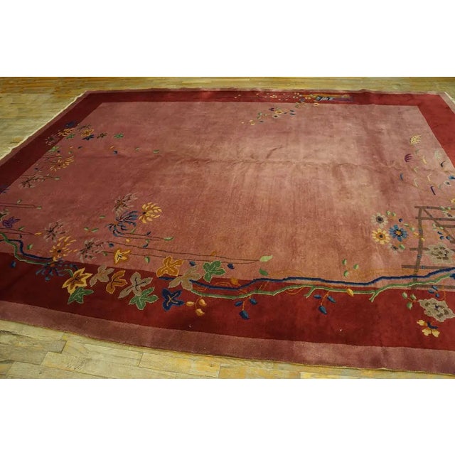 1920s Pink Rose Open Floral Vase Antique Chinese Art Deco Carpet 9' X 11' 7" Knotted Wool Rug For Sale - Image 11 of 12