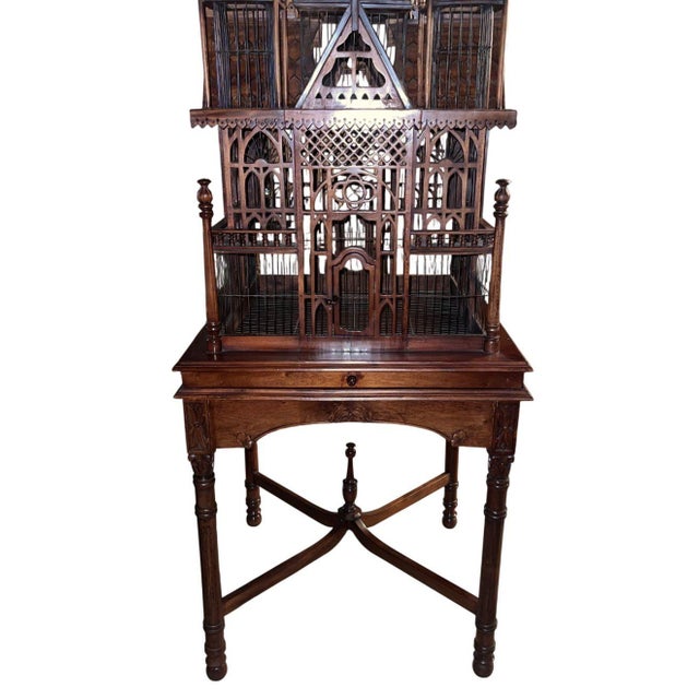 Monumental Victorian Gothic Revival Mahogany Bird Cage on Stand. England 19th C. For Sale - Image 11 of 12