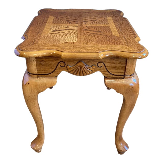 Vintage Solid Oak Side Table With Carved Shell Motif For Sale