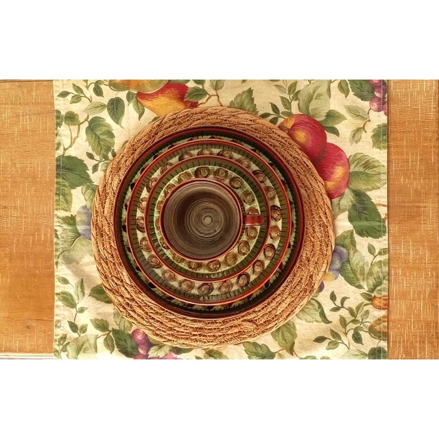 Autumn Harvest Pottery Dinnerware Set, Hand Thrown Red Clay Artist Signed Tableware Service for 4, 18 Piece Thanksgiving Geometric Ceramic Plate Set For Sale - Image 4 of 11