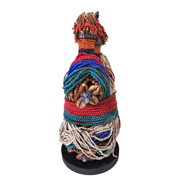 Vintage African Beaded Namji Twin Fertility Dolls Cameroon W/Wood Stand 11" H For Sale - Image 4 of 9