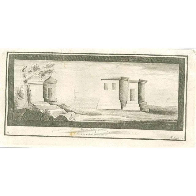 Roman Temple Fresco from "Antiquities of Herculaneum" is an etching on paper realized by Fernando Strina in the 18th...