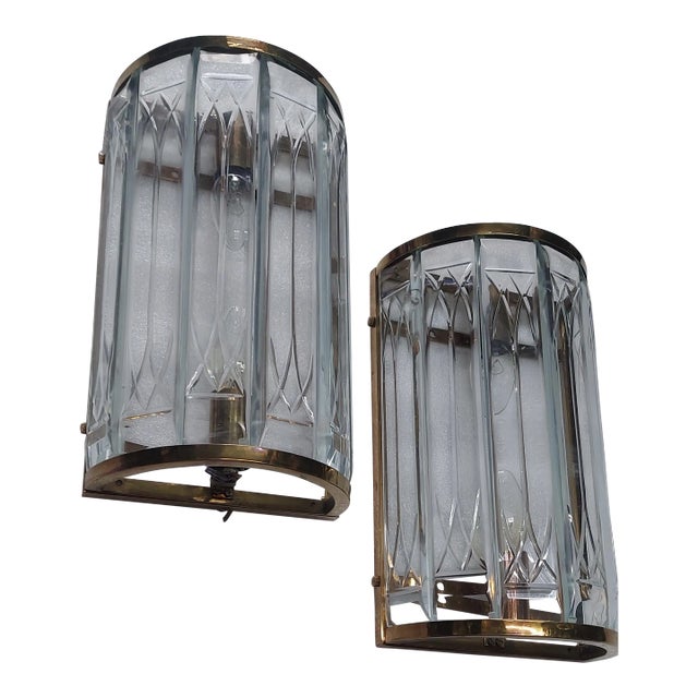 Pair Vintage 1940s Skyscraper Art Deco Nouveau Wall Sconces Fixture Brass & Glass Ship Light For Sale