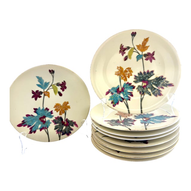 1960s Mid-Century Hand-Painted Japanese Dessert Plates & Stand – Set of 9 For Sale