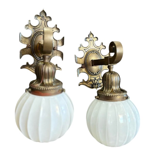 Mid 20th Century Cast Brass and Ribbed Milk Glass Wall Sconces For Sale