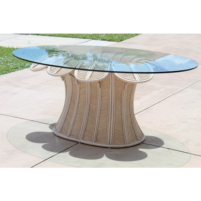 Vintage Hollywood Regency Style Flower Pencil Reed Rattan Pedestal Dining Table With Oval Glass Top For Sale - Image 4 of 18