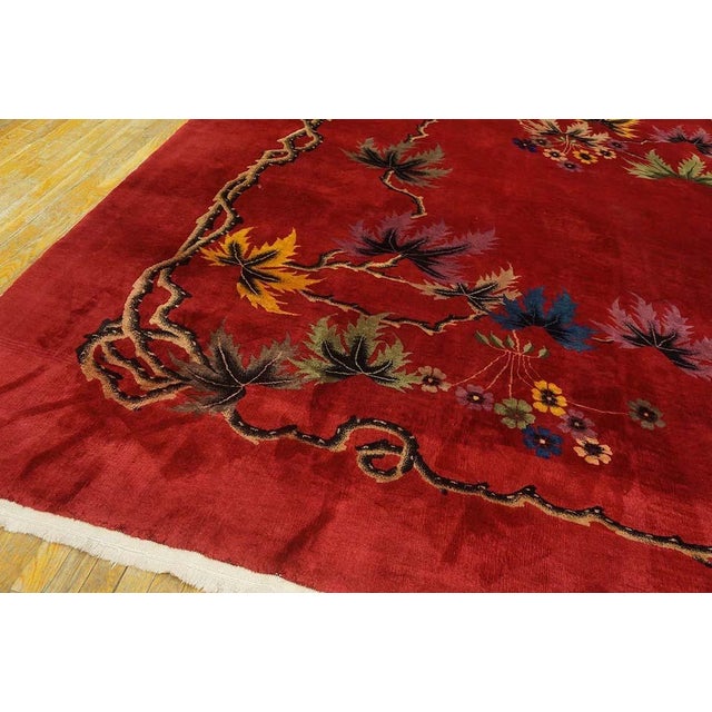 Red Splendid Red Background With Palmtrees in a Floral Design Antique Chinese Art Deco Rug For Sale - Image 8 of 12