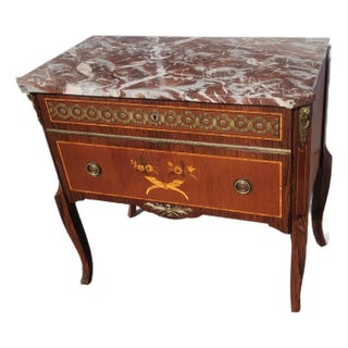 Vintage Inlaid Marquetry French Commode Louis XV Chest of Drawers Marble Top Ormolu For Sale