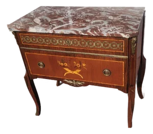 Vintage Inlaid Marquetry French Commode Louis XV Chest of Drawers Marble Top Ormolu