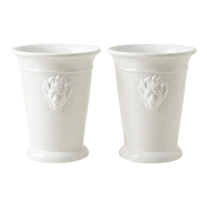Pair of Vintage Italian White Glazed Ceramic Lion Head Urns