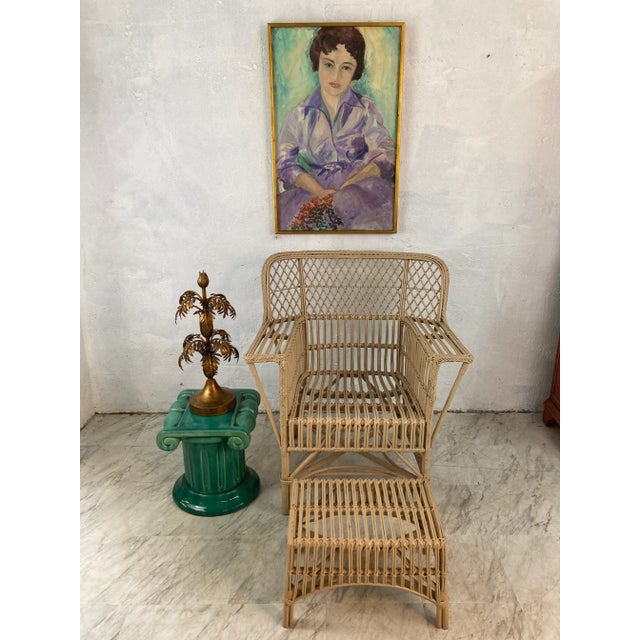 Coastal Vintage Rattan Club Chair and Ottoman For Sale - Image 3 of 10