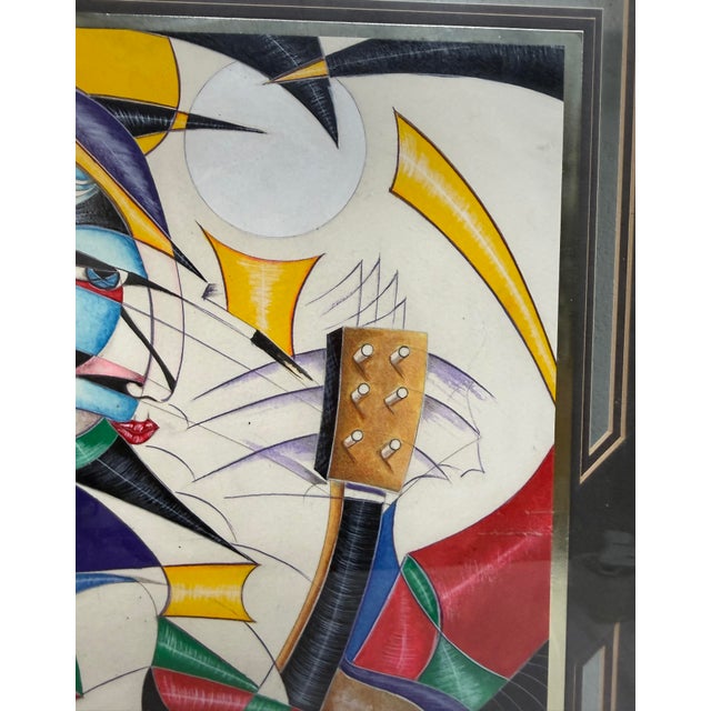 Original Juan Quevedo Pop Cubism Geometric Guitarist Music Mixed Media Painting For Sale - Image 9 of 18