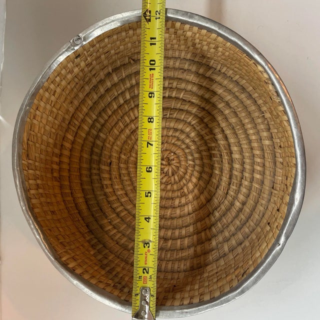 Metal Handwoven Coil Basket With Metal Band 12" For Sale - Image 7 of 9