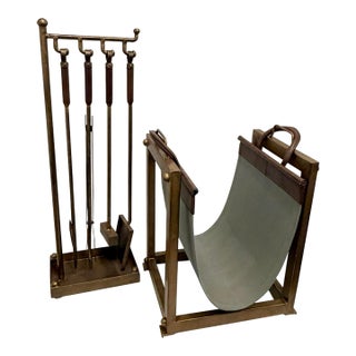 Pottery Barn Industrial Fireplace Tool Set & Canvas Log Carrier With Iron Stands For Sale