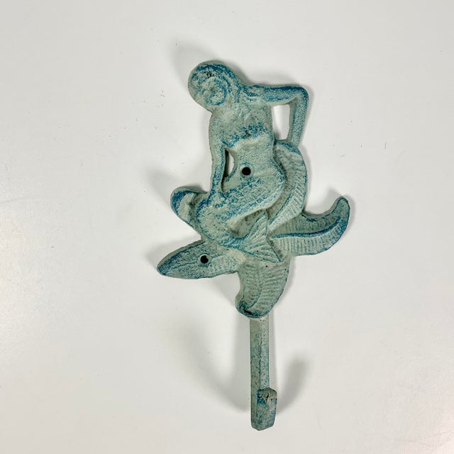 1970s Vintage Coastal Nautical Cast Iron Verdigris Mermaid Wall Hook. For Sale - Image 9 of 9