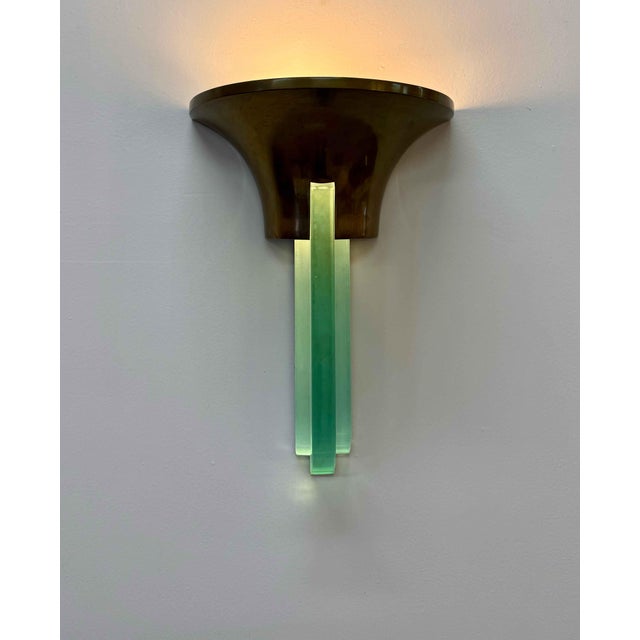 Metal Art Deco French Brass and Glass Wall Sconce attributed to Jean Perzel, 1940s For Sale - Image 7 of 11