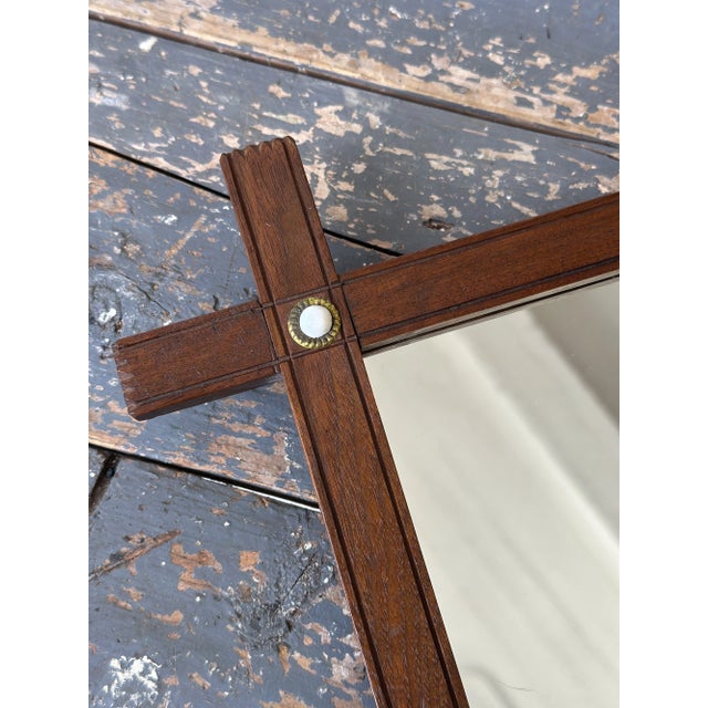 Antique Walnut Cross-Hatch Framed Mirror With Porcelain + Brass Cabochon Details, Circa Early 20th Century For Sale In New York - Image 6 of 13
