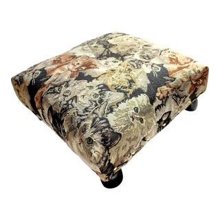 Vintage Cats & Kittens Woven and Wood Footstool For Sale