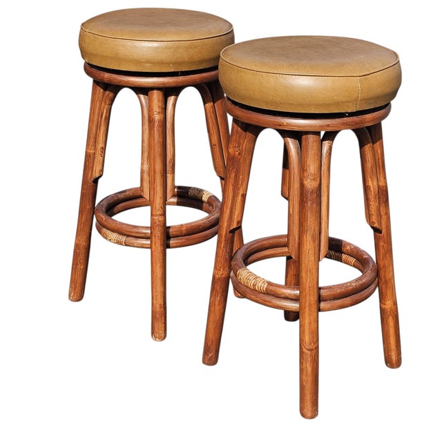 Wood Set of Four Mid Century Bamboo Swivel Bar Stools For Sale - Image 7 of 8