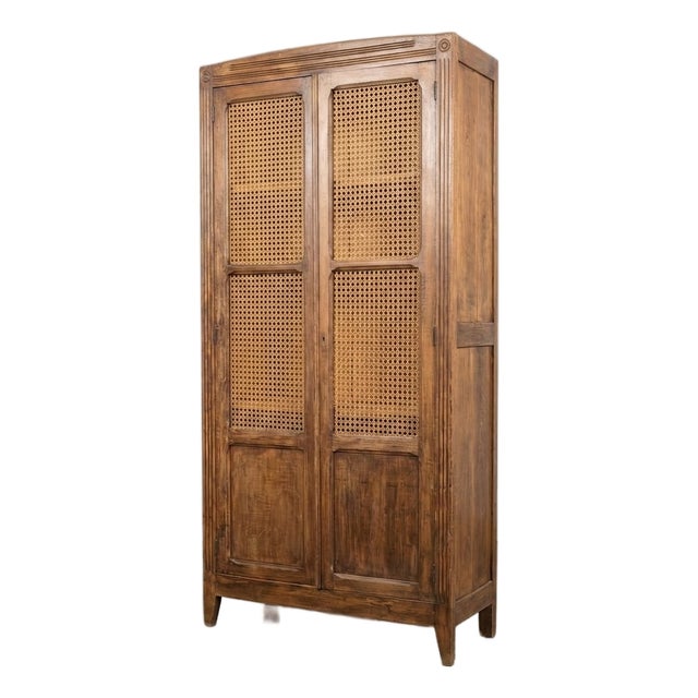 Vintage French Parisian Armoire in Beechwood and Cane, 1950 For Sale