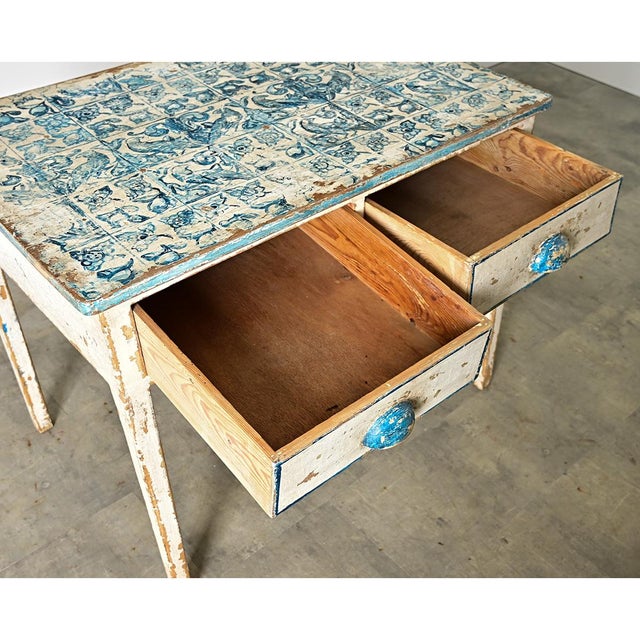 English Pine Work Table With Faux Delft Tile Painted Top For Sale - Image 9 of 12