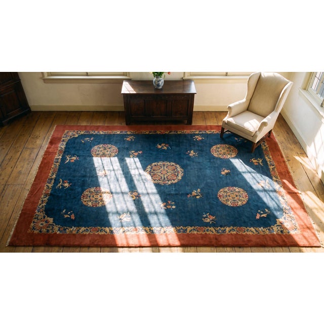 Wonderful Blue and Red Color With Great Florid Design Antique Chinese Peking Rug For Sale - Image 14 of 15