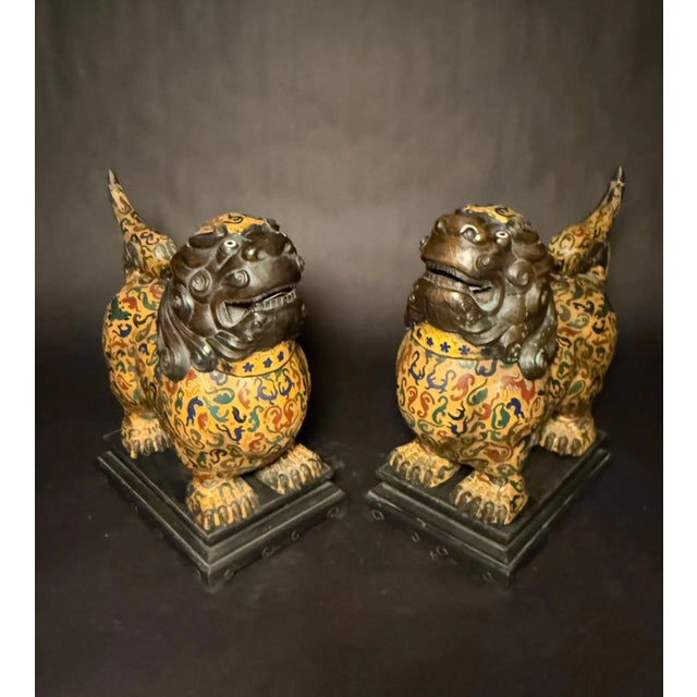 Early 20th Century Early 20th Century Pair Of Chinese Cloisonne Enamel Foo Lion Censers For Sale - Image 5 of 10