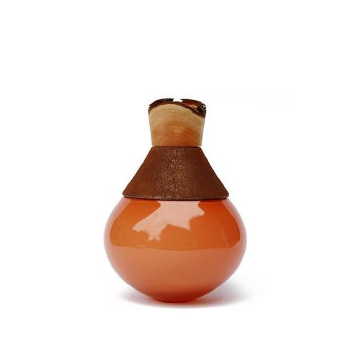 Small candy apricot india vessel ii, pia wüstenberg. Dimensions: d 18 x h 25. Materials: glass, wood, metal. Handmade in...
