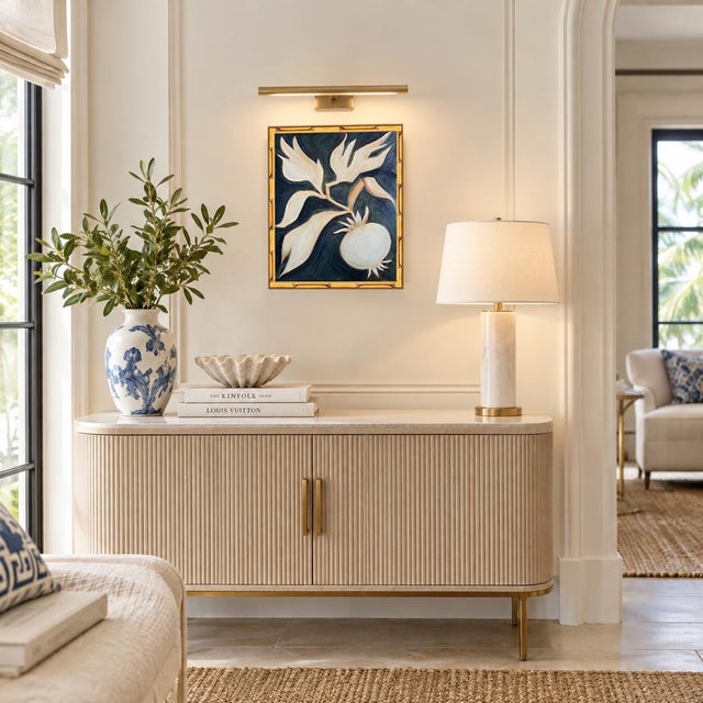 A strikingly atmospheric and beautifully composed original painting featuring sweeping botanical leaves and a round...
