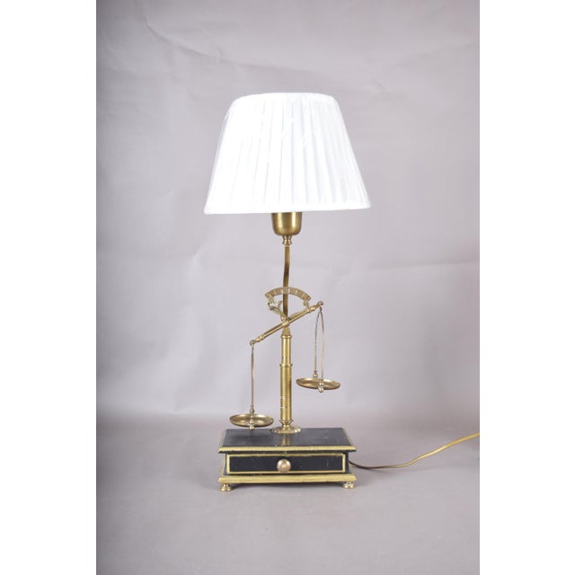 Brass Balance Scale Table Lamp with Drawer Base and Pleated Shade, 1950s For Sale - Image 4 of 14