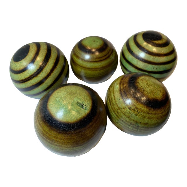 Set of 5 Monkey Balls With Green and Brown Swirls For Sale