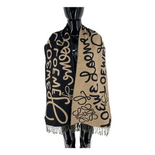 Loewe Beige & Black Printed Wool Cashmere Scarf For Sale