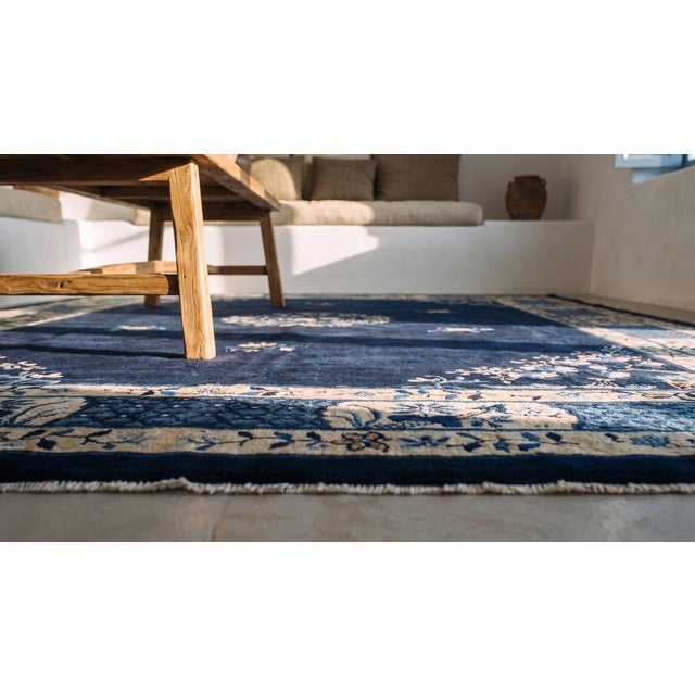 Exceptional Navy and Light Blue Color With Delicate Florid Design Antique Chinese Peking Rug For Sale - Image 15 of 15