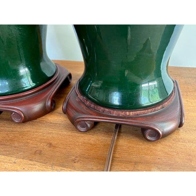 Forest Green 1980s Forest Green Porcelain Urn Form Lamps - A Pair For Sale - Image 8 of 9