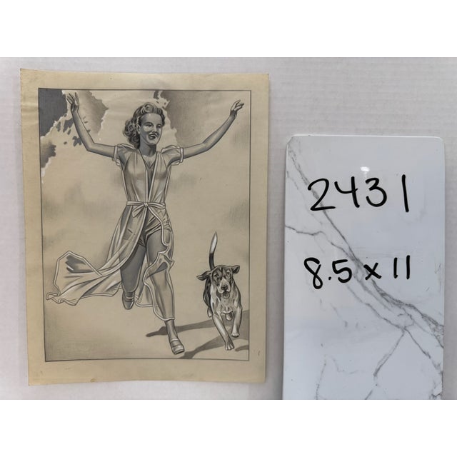 1940s 1940s Original Signed Graphite Illustration of Woman Running With Dog, 11 X 8.5 In. For Sale - Image 5 of 5