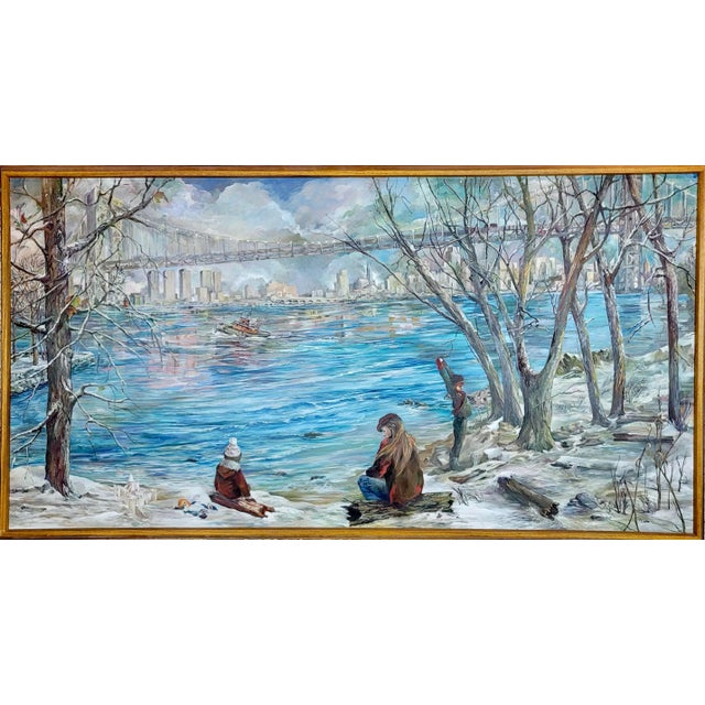 E. Case -Children at Play at Park Over the Brooklyn Bridge-Monumental Oil Painting For Sale - Image 13 of 13