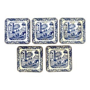 1970s Blue and White English Transferware Scenic Cork-Backed Coasters- Set of 5