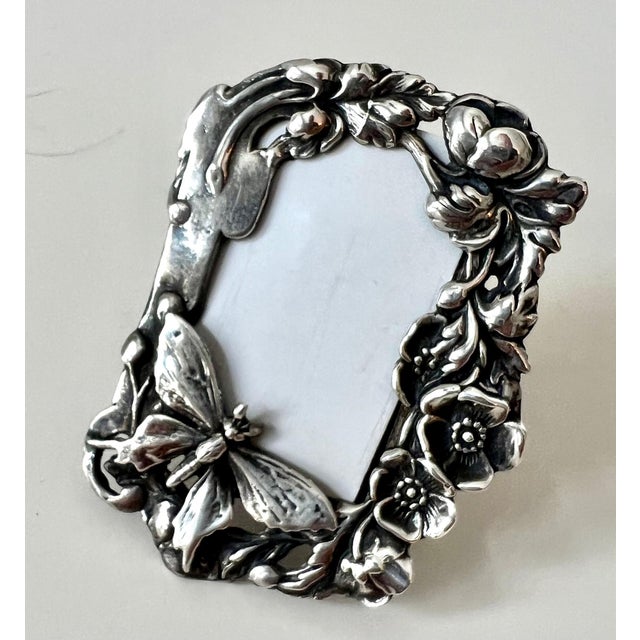 Metal Sterling Silver Desk or Bedside Travel Picture Frame with Flowers and Butterfly For Sale - Image 7 of 7