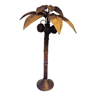 Vintage Mario Lopez Torres Massive Dark Brown Rattan Palm Beach Regency Palm Tree Coconut Floor Lamp For Sale