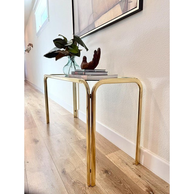 Hollywood Regency Brass Console Table With Smoked Glass Top and Waterfall Edges For Sale - Image 9 of 9