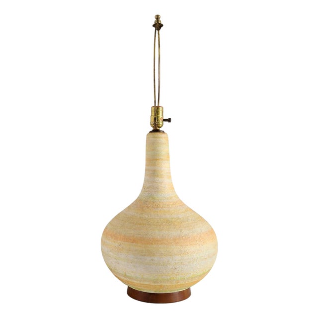 1960s Rings of Color Large Bulbous Textured Ceramic Gourd Table Lamp With Wood Base For Sale