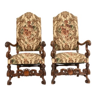 Dutch Hand Carved Walnut Wood High Back Side / Armchairs - a Pair For Sale