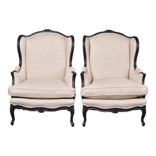 Vintage Louis XV-Style Carved Wingback Chairs With New Upholstery - Pair For Sale
