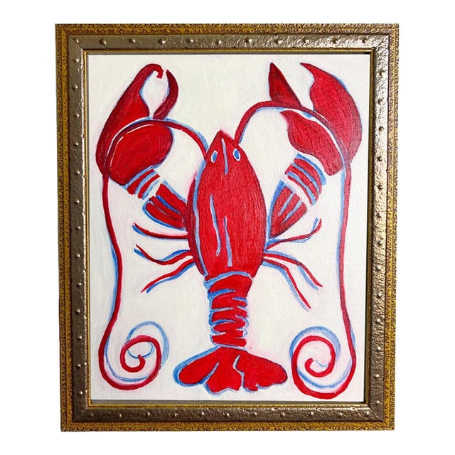 Original Lobster Painting in Ornate Gold Studded Frame, Oil on Canvas, 13" X 16" by Tatiana Duperault For Sale