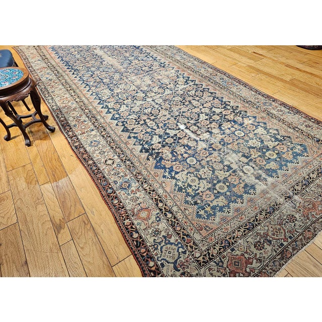 Antique Persian Malayer Gallery Rug, Hand-Knotted Wool, Geometric Pattern, 7x15, Blue & Ivory For Sale - Image 10 of 18