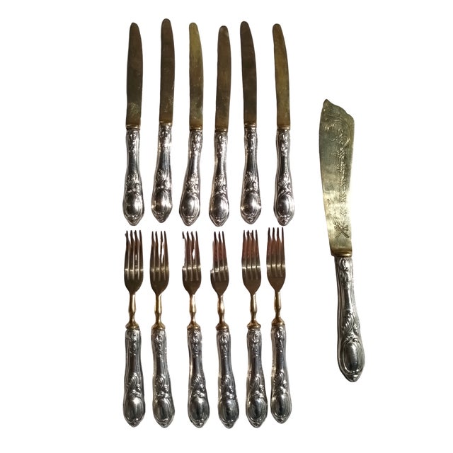 Gold Silver Dessert Cutlery Set, 1950s, Set of 13 For Sale - Image 8 of 12