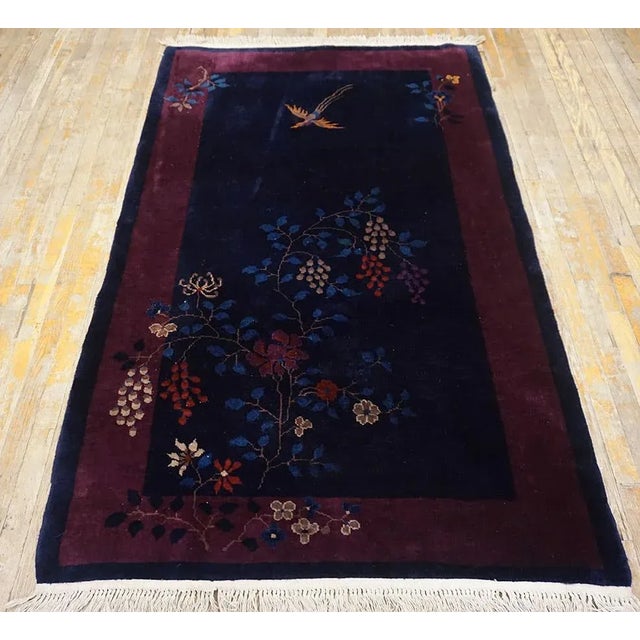 Art Deco 1920s Blue Navy Floral Bird Antique Chinese Art Deco Carpet 4'1" X 6'8" Knotted Wool Rug For Sale - Image 3 of 11