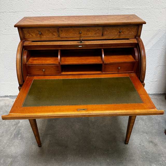 Louis XVI Style Marquetry Cylinder Secretaire with Frieze and Trellis Decoration, 1920s For Sale - Image 18 of 18