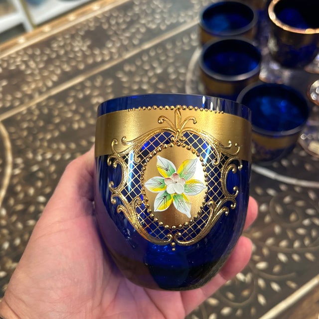 Madesk Bohemia Cobalt With Applied Gold Hand Made Drinking/ Cocktail Glasses 31 Pieces For Sale - Image 9 of 12