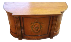 Large Hand-Painted Neoclassical Demilune Console Cabinet, Louis XVI Style, Floral Medallion